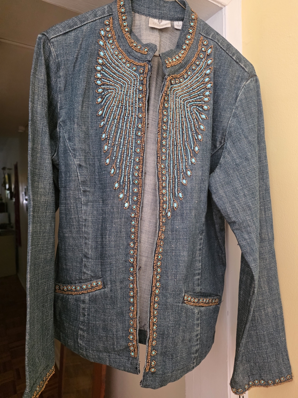 Women's Blue Beaded Denim Jacket with Turquoise and Gold Beading( worn once)